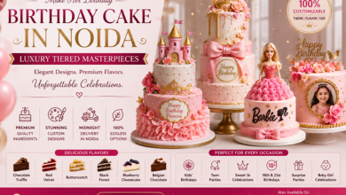 Luxury tiered birthday cake banner in Noida featuring elegant multi-layer custom cakes with floral decorations, premium designer cake styles, and celebration theme.