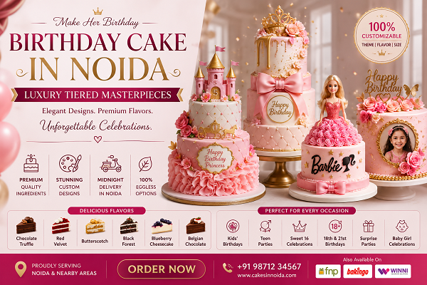 Luxury tiered birthday cake banner in Noida featuring elegant multi-layer custom cakes with floral decorations, premium designer cake styles, and celebration theme.