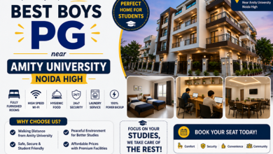 Modern boys PG near Amity University Noida High featuring fully furnished rooms, study area, dining hall, premium facilities, and secure student accommodation.