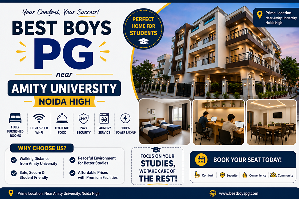 Modern boys PG near Amity University Noida High featuring fully furnished rooms, study area, dining hall, premium facilities, and secure student accommodation.