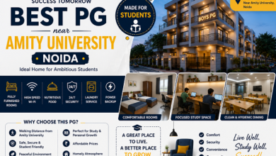 Modern student PG accommodation near Amity University Noida featuring furnished rooms, study area, dining space, premium facilities, and secure boys hostel environment.