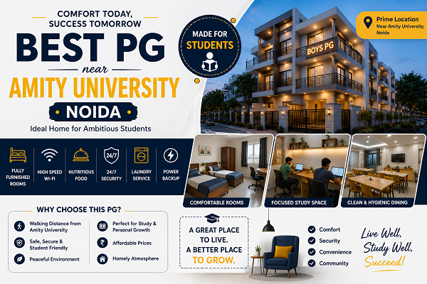 Modern student PG accommodation near Amity University Noida featuring furnished rooms, study area, dining space, premium facilities, and secure boys hostel environment.