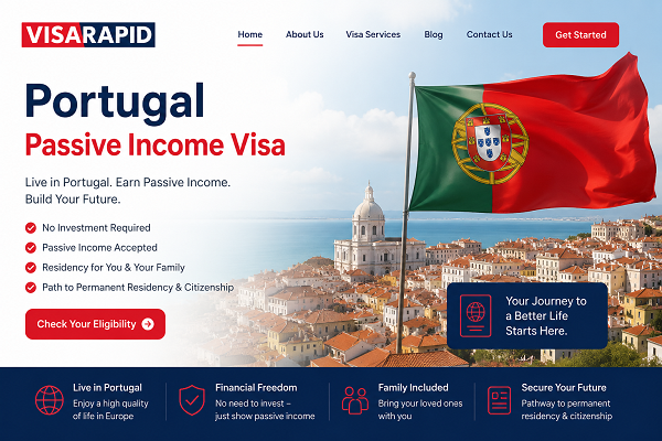 Visa Rapid Portugal Passive Income Visa website banner featuring the Portugal flag, Lisbon cityscape, and residency visa benefits for passive income earners.