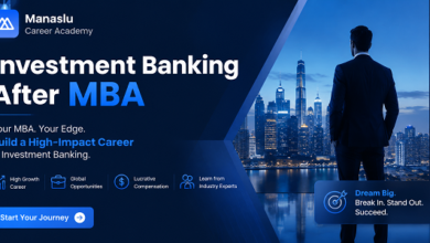 Professional investment banking after MBA banner featuring a businessman overlooking a city skyline with Manaslu Career Academy branding and finance career messaging.