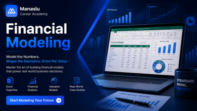 Financial Modeling promotional banner featuring financial dashboards, Excel spreadsheets, valuation charts, and Manaslu Career Academy branding.