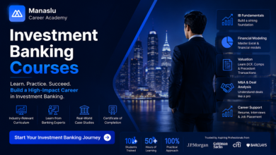 Investment Banking Courses banner featuring a finance professional, city skyline, financial training modules, and Manaslu Career Academy branding.