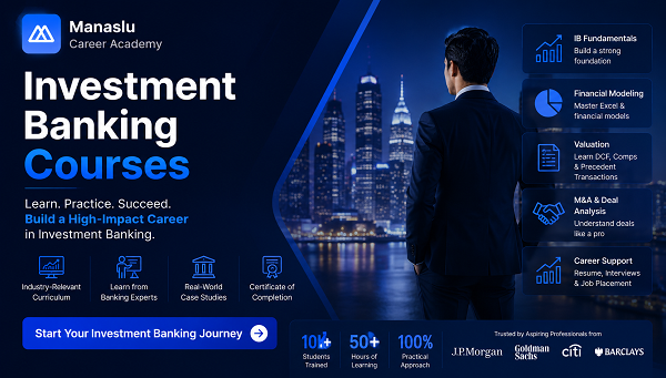 Investment Banking Courses banner featuring a finance professional, city skyline, financial training modules, and Manaslu Career Academy branding.