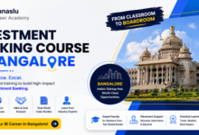 Investment Banking Course in Bangalore banner featuring Bengaluru Vidhana Soudha, finance training highlights, and Manaslu Career Academy branding.