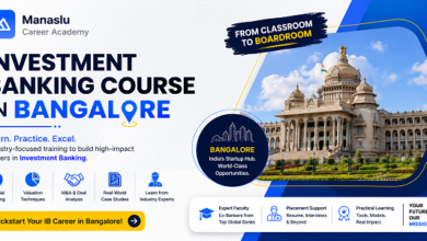 Investment Banking Course in Bangalore banner featuring Bengaluru Vidhana Soudha, finance training highlights, and Manaslu Career Academy branding.