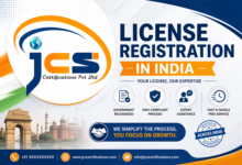 Alt Text: Professional corporate banner for License Registration in India by JCS Certifications Pvt Ltd featuring blue and orange branding, Indian monument background, compliance icons, and business registration services.