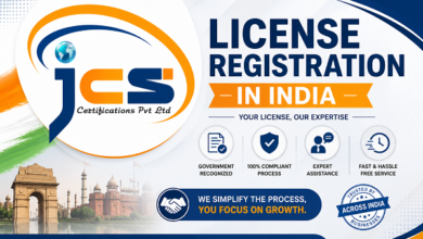 Alt Text: Professional corporate banner for License Registration in India by JCS Certifications Pvt Ltd featuring blue and orange branding, Indian monument background, compliance icons, and business registration services.