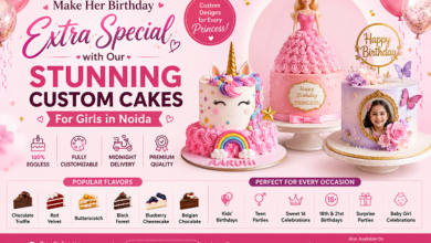 Pink themed birthday cake banner for girls in Noida featuring princess cake, unicorn cake, Barbie cake and custom photo birthday cake designs.