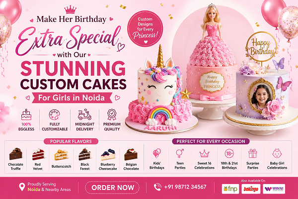 Pink themed birthday cake banner for girls in Noida featuring princess cake, unicorn cake, Barbie cake and custom photo birthday cake designs.