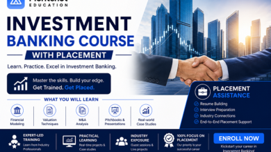 Professional promotional banner for Meritshot Education’s Investment Banking Course with Placement featuring the official Meritshot Education logo, corporate city skyline, handshake visual, and training modules including Financial Modeling, Valuation Techniques, M&A Analysis, Pitchbooks, and placement assistance.