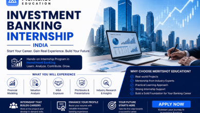 Professional promotional banner for Meritshot Education’s Investment Banking Internship India program featuring the official Meritshot Education logo, corporate skyline visuals, financial analytics dashboard, and internship training modules including Financial Modeling, Valuation Analysis, M&A Exposure, Pitchbooks, and Industry Research.