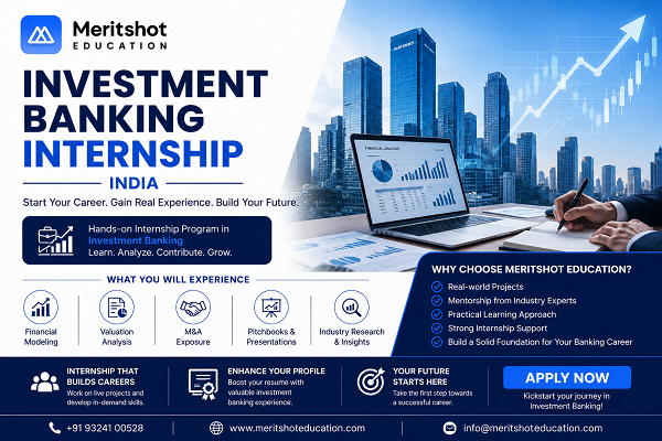 Professional promotional banner for Meritshot Education’s Investment Banking Internship India program featuring the official Meritshot Education logo, corporate skyline visuals, financial analytics dashboard, and internship training modules including Financial Modeling, Valuation Analysis, M&A Exposure, Pitchbooks, and Industry Research.