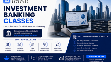 Professional promotional banner for Meritshot Education’s Investment Banking Classes featuring the official Meritshot Education logo, financial analytics dashboard, corporate skyline, and training modules including Financial Modeling, Valuation Techniques, M&A Analysis, Pitchbooks, and Real-world Case Studies.