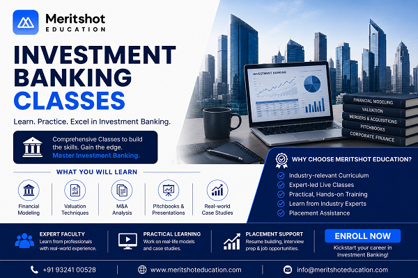 Professional promotional banner for Meritshot Education’s Investment Banking Classes featuring the official Meritshot Education logo, financial analytics dashboard, corporate skyline, and training modules including Financial Modeling, Valuation Techniques, M&A Analysis, Pitchbooks, and Real-world Case Studies.