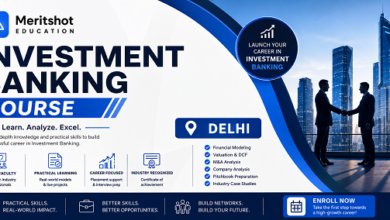 Modern Investment Banking Course banner by Meritshot Education featuring corporate professionals, Delhi location highlight, finance training modules, and career-focused banking education.
