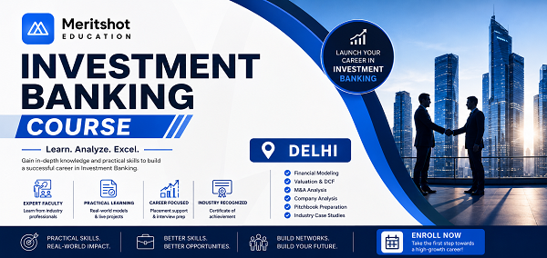 Modern Investment Banking Course banner by Meritshot Education featuring corporate professionals, Delhi location highlight, finance training modules, and career-focused banking education.