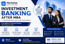 Investment Banking After MBA promotional banner by Meritshot Education featuring MBA graduates, finance career growth, corporate skyline, and professional investment banking training in Delhi.