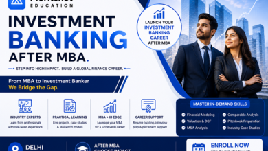 Investment Banking After MBA promotional banner by Meritshot Education featuring MBA graduates, finance career growth, corporate skyline, and professional investment banking training in Delhi.