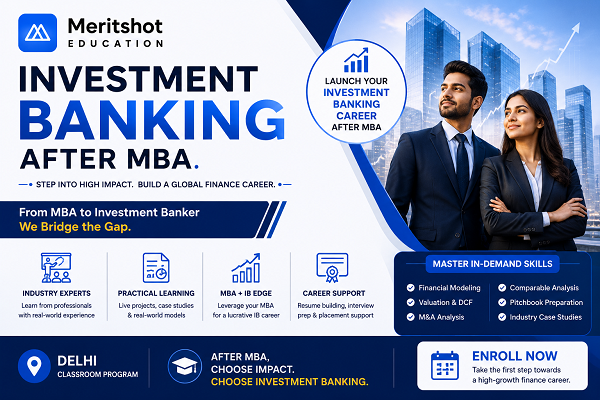 Investment Banking After MBA promotional banner by Meritshot Education featuring MBA graduates, finance career growth, corporate skyline, and professional investment banking training in Delhi.