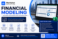 Financial Modeling course banner by Meritshot Education featuring Excel financial analysis dashboard, investment banking training modules, and professional finance career development.
