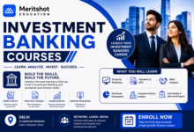 Investment Banking Courses banner by Meritshot Education featuring finance professionals, corporate skyline, financial modeling, valuation training, and career-focused investment banking education.