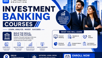 Investment Banking Courses banner by Meritshot Education featuring finance professionals, corporate skyline, financial modeling, valuation training, and career-focused investment banking education.