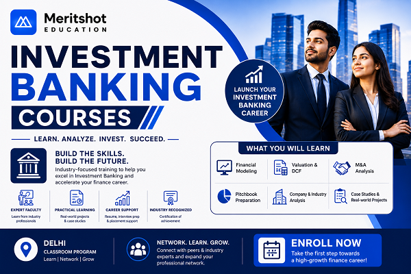 Investment Banking Courses banner by Meritshot Education featuring finance professionals, corporate skyline, financial modeling, valuation training, and career-focused investment banking education.
