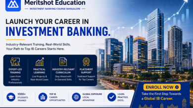 Professional blue-themed banner for an Investment Banking Course in Bangalore featuring a modern city skyline, upward growth graph, course benefits, and a corporate training layout with enrollment call-to-action.