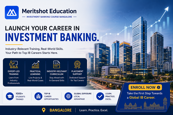 Professional blue-themed banner for an Investment Banking Course in Bangalore featuring a modern city skyline, upward growth graph, course benefits, and a corporate training layout with enrollment call-to-action.