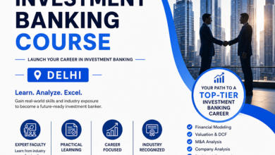 Meritshot Education Investment Banking Course Delhi promotional banner with corporate business theme, finance career training, and professional banking course details.