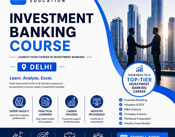 Meritshot Education Investment Banking Course Delhi promotional banner with corporate business theme, finance career training, and professional banking course details.