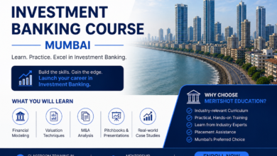 Professional promotional banner for Meritshot Education’s Investment Banking Course in Mumbai featuring the Meritshot Education logo, Mumbai skyline, course highlights like Financial Modeling, Valuation Techniques, M&A Analysis, and placement-focused training with a modern blue corporate design.