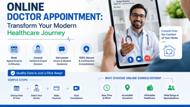 Modern online doctor appointment banner featuring video consultation with a doctor on smartphone and laptop, healthcare icons, secure telemedicine services, and digital medical support.