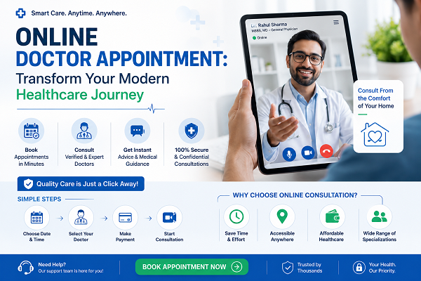 Modern online doctor appointment banner featuring video consultation with a doctor on smartphone and laptop, healthcare icons, secure telemedicine services, and digital medical support.