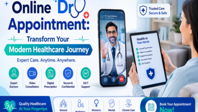 Modern online doctor appointment banner featuring virtual consultation with a doctor on smartphone and tablet, secure telemedicine services, healthcare icons, and digital medical support.