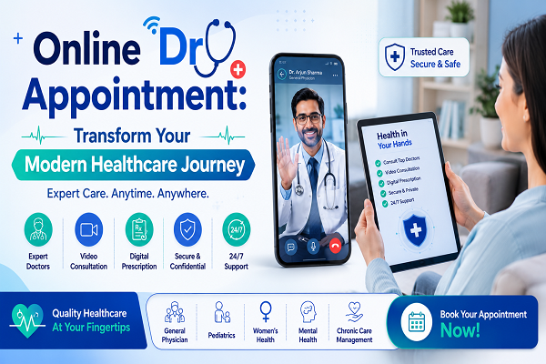 Modern online doctor appointment banner featuring virtual consultation with a doctor on smartphone and tablet, secure telemedicine services, healthcare icons, and digital medical support.
